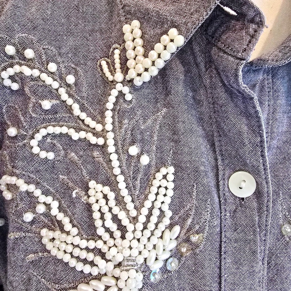 Vintage 90s Jane Ashley Pearl Beaded Western Shirt Womens XL‎ Gray Chambray - Picture 3 of 9